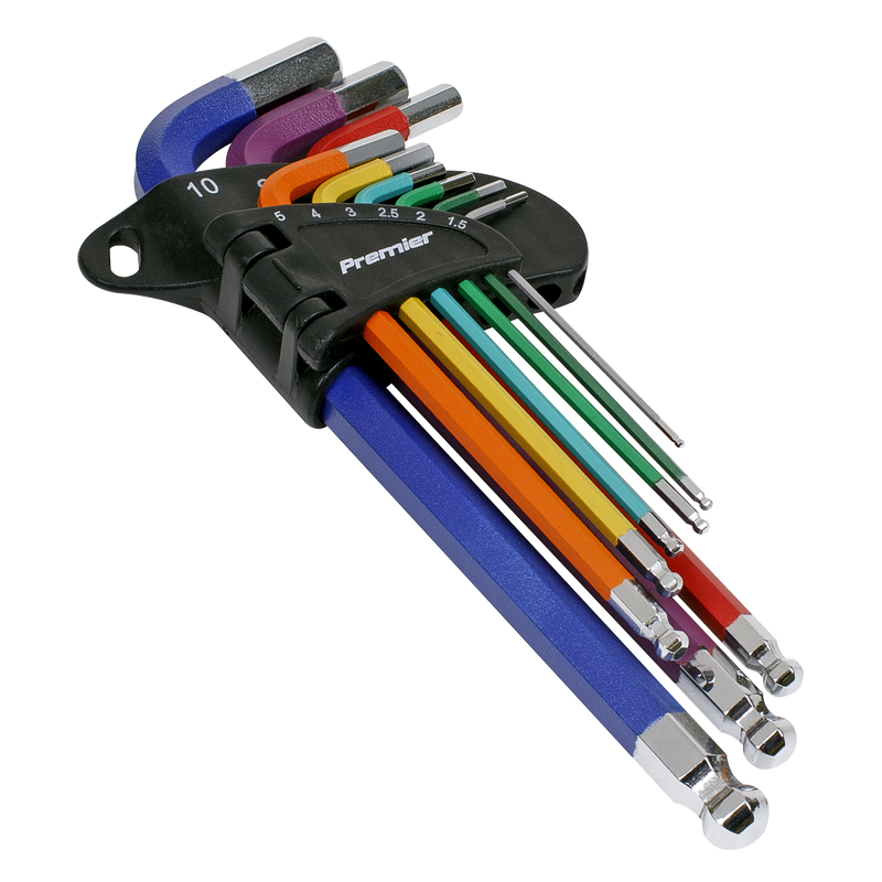 Sealey AK7190DB Ball-End Hex Key Set 9pc Colour-Coded Long Metric - Display Box of 10