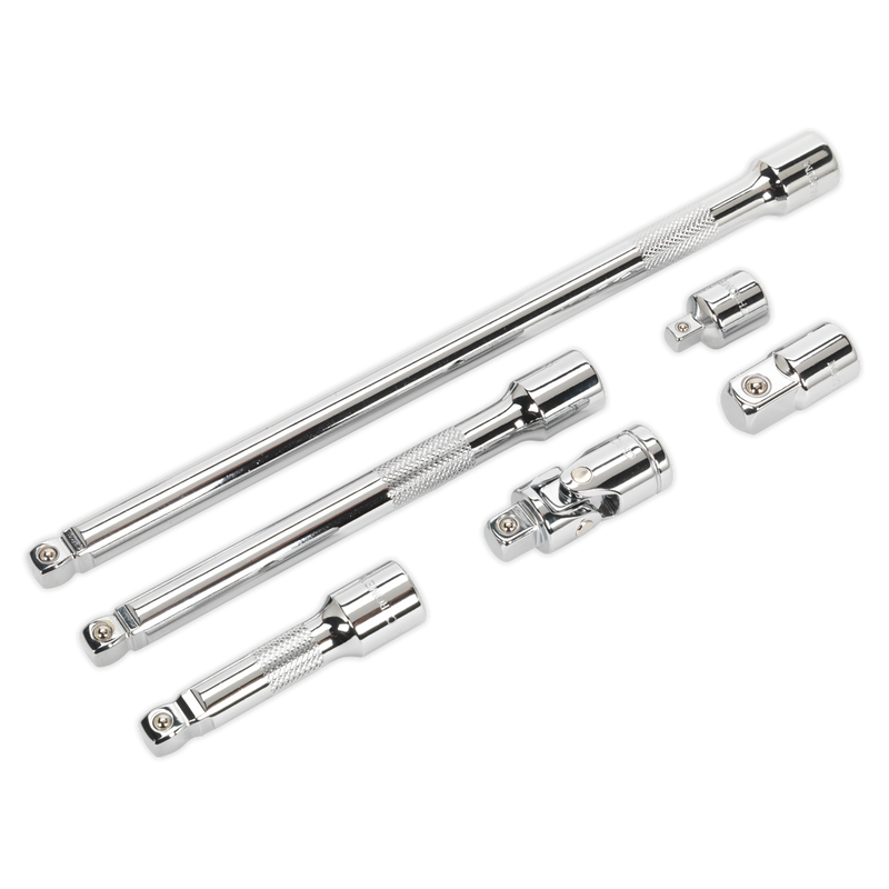 Sealey AK7690 6pc 3/8"Sq Drive Wobble/Rigid Extension Bar, Adaptor & Universal Joint Set