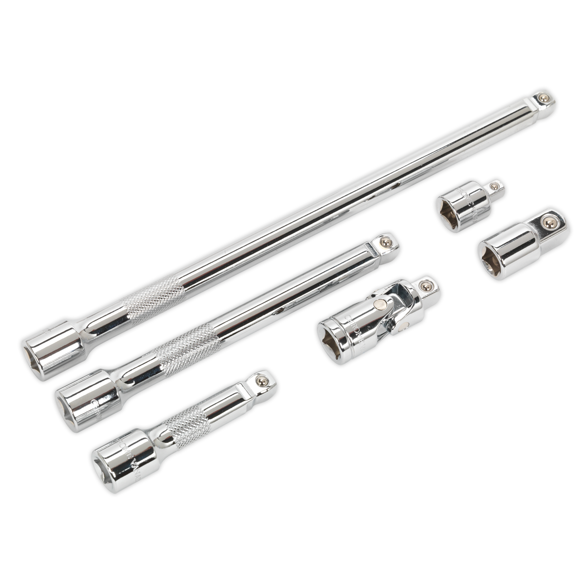 Sealey AK7690 6pc 3/8"Sq Drive Wobble/Rigid Extension Bar, Adaptor & Universal Joint Set