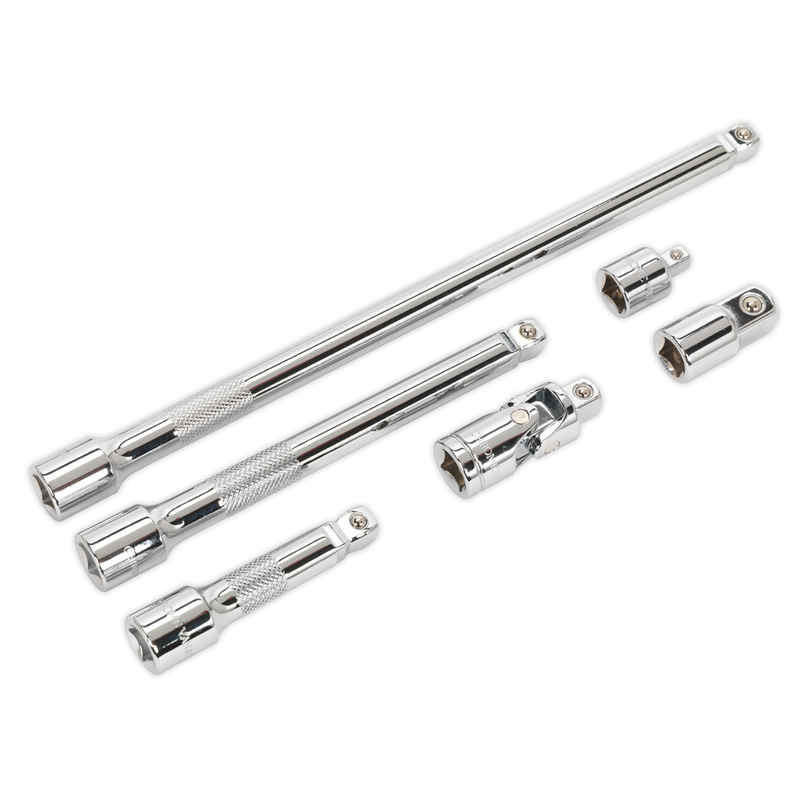Sealey AK7690 6pc 3/8"Sq Drive Wobble/Rigid Extension Bar, Adaptor & Universal Joint Set