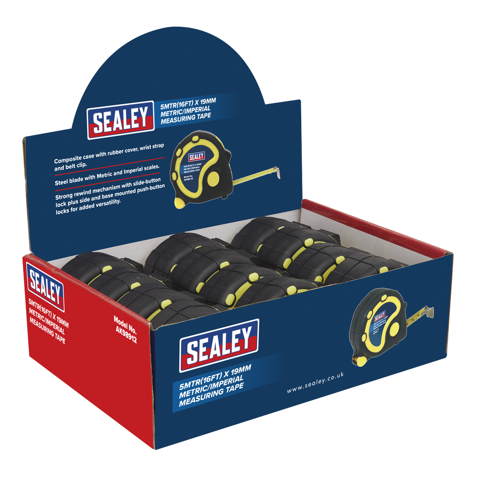 Sealey AK98912 5m(16ft) x 19mm Tape Measure - Metric/Imperial - Display Box of 12