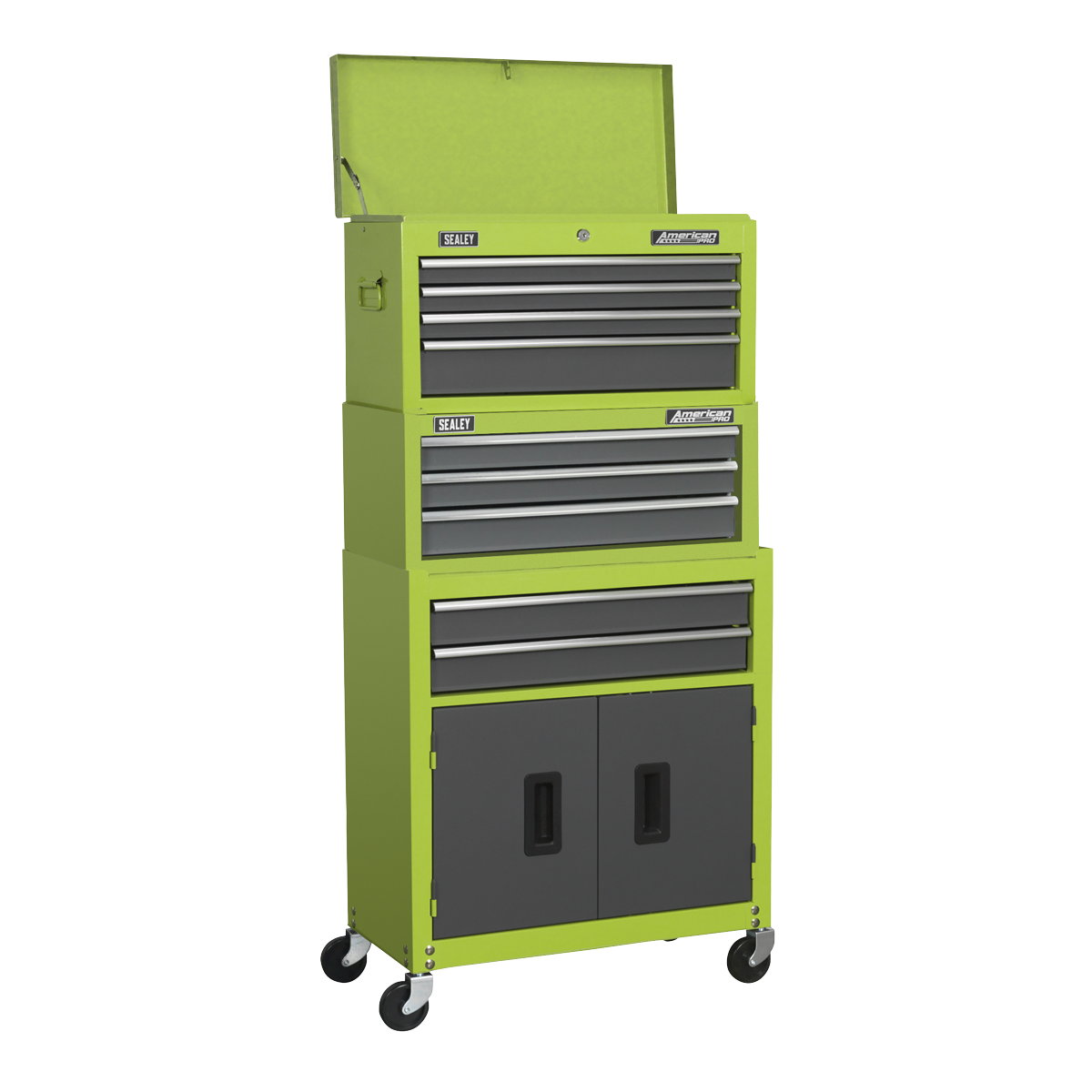 Sealey AP2200BBHVSTACK 9 Drawer Topchest, Mid-Box & Rollcab Stack - Hi-Vis Green