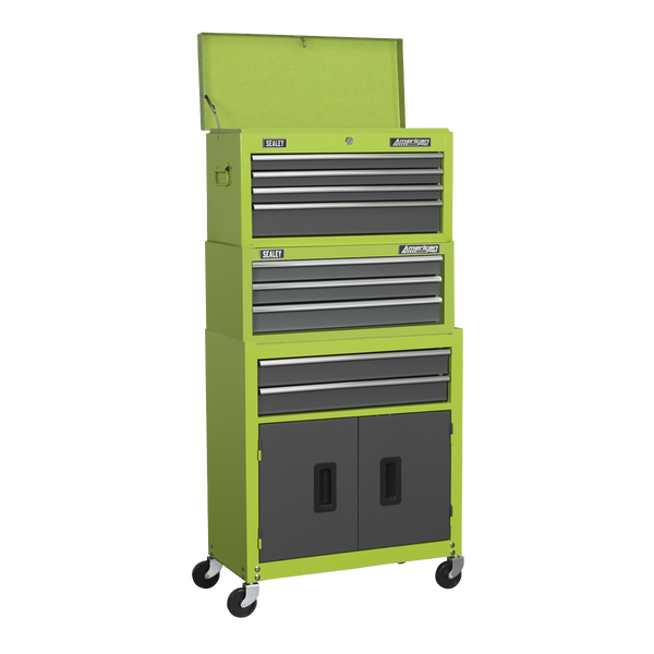 Sealey AP2200BBHVSTACK 9 Drawer Topchest, Mid-Box & Rollcab Stack - Hi-Vis Green