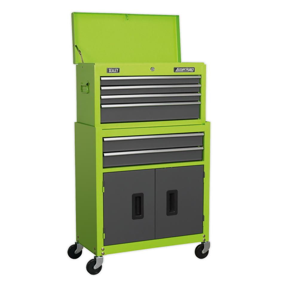 Sealey AP2200BBHVSTACK 9 Drawer Topchest, Mid-Box & Rollcab Stack - Hi-Vis Green