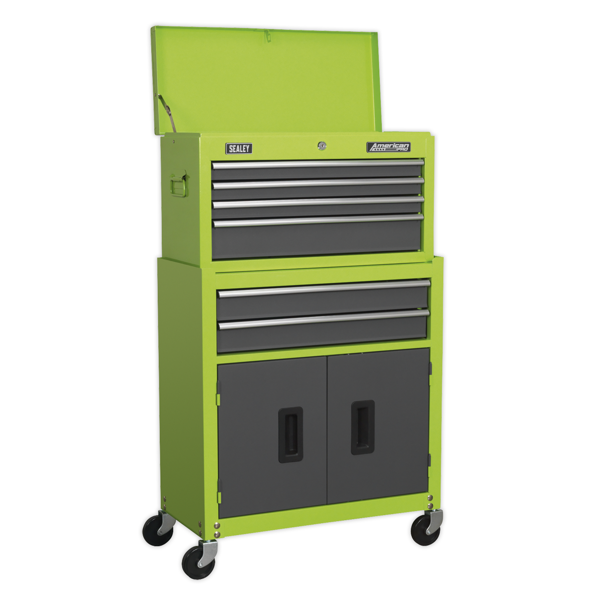 Sealey AP2200BBHV 6 Drawer Topchest & Rollcab Combination with Ball-Bearing Slides - Hi-Vis Green/Grey