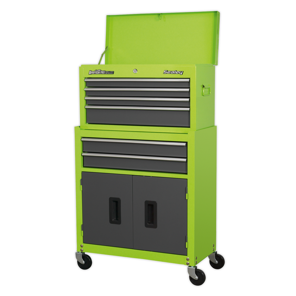 Sealey AP2200BBHV 6 Drawer Topchest & Rollcab Combination with Ball-Bearing Slides - Hi-Vis Green/Grey