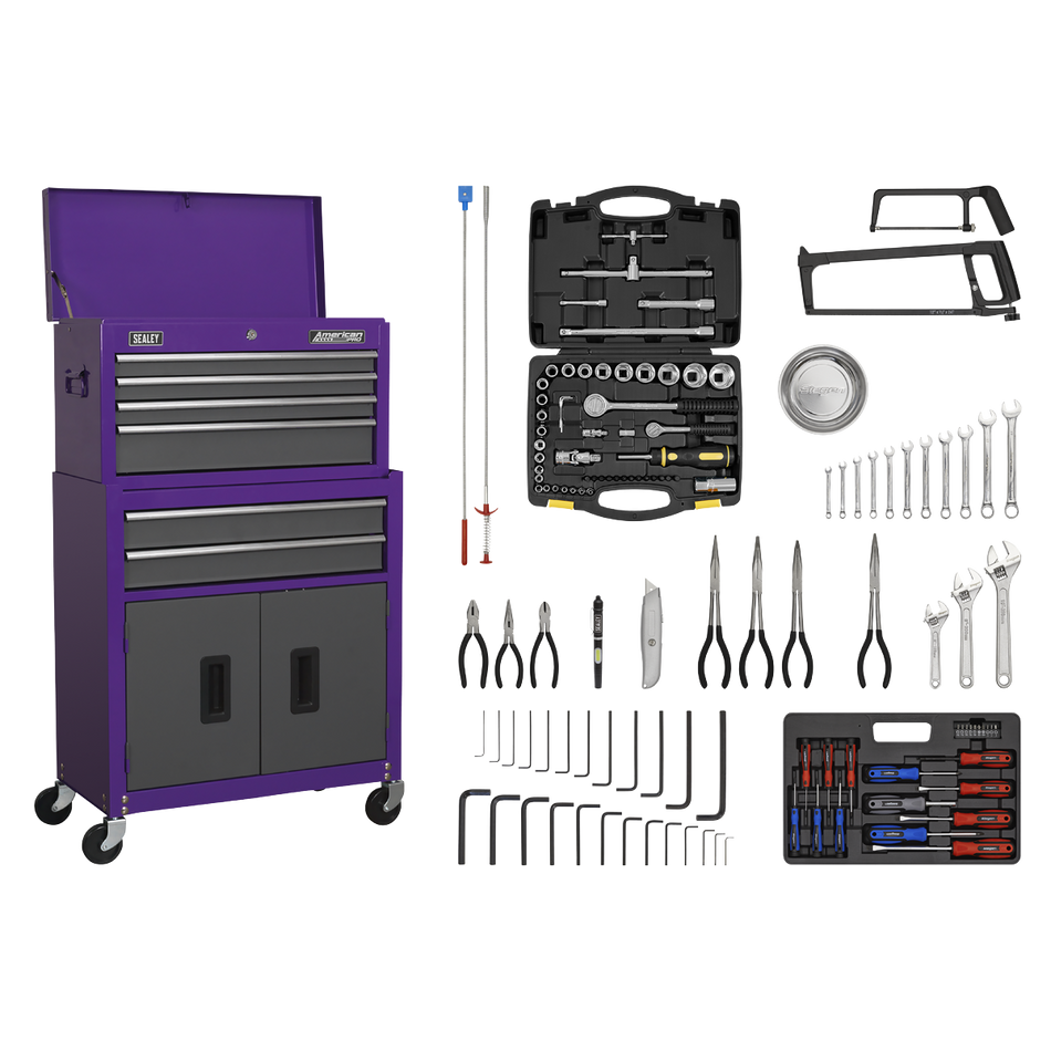 Sealey AP2200COMBOCP Topchest & Rollcab Combination 6 Drawer with Ball-Bearing Slides - Purple/Grey & 128pc Tool Kit