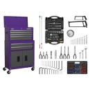 Sealey AP2200COMBOCP Topchest & Rollcab Combination 6 Drawer with Ball-Bearing Slides - Purple/Grey & 128pc Tool Kit