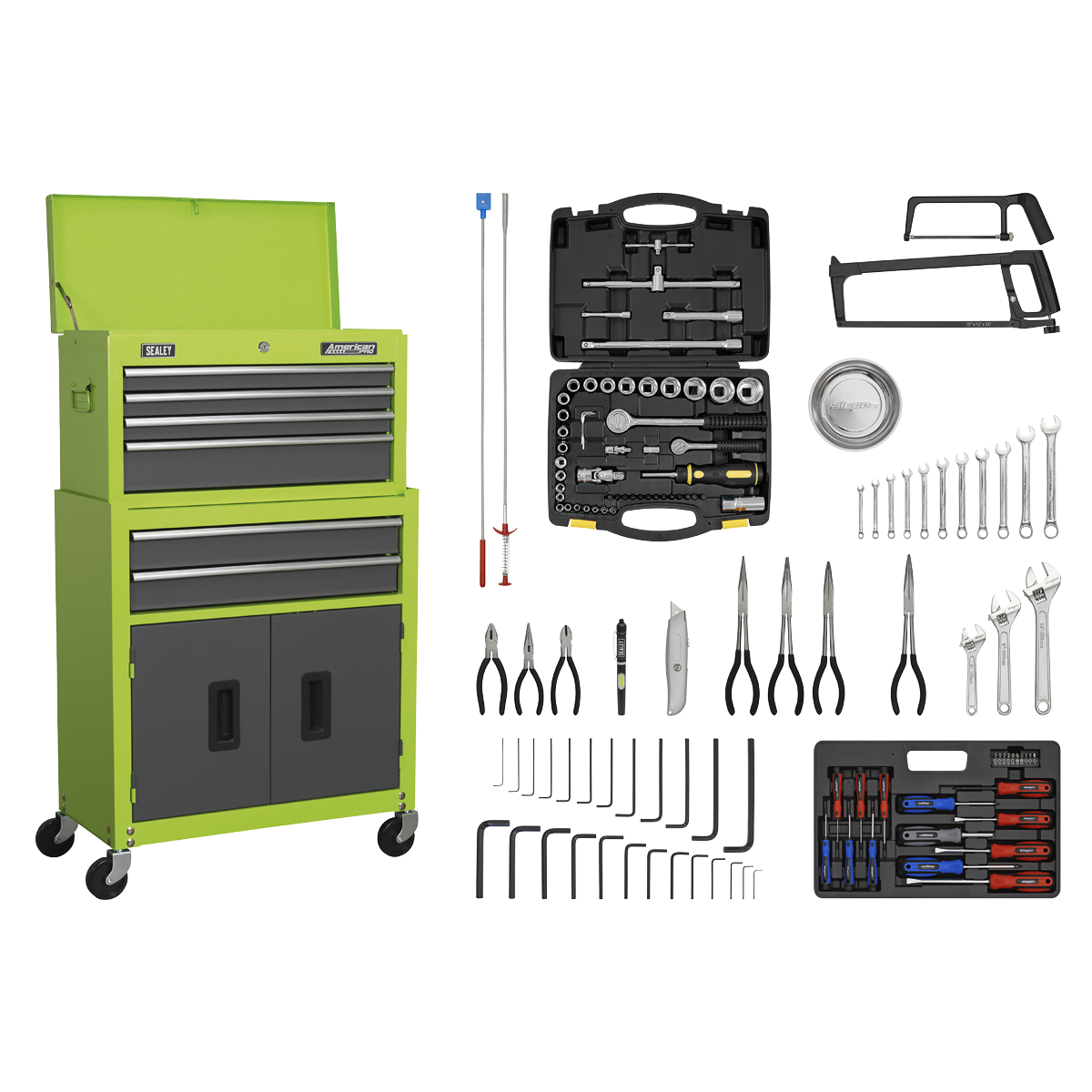 Sealey AP2200COMBOHV 6 Drawer Topchest & Rollcab Combination with Ball-Bearing Slides - Hi-Vis Green/Grey & 128pc Tool Kit