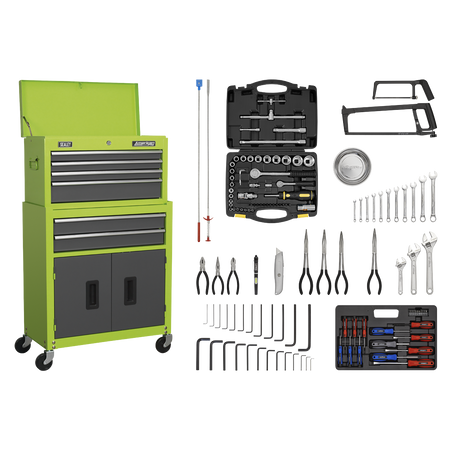 Sealey AP2200COMBOHV 6 Drawer Topchest & Rollcab Combination with Ball-Bearing Slides - Hi-Vis Green/Grey & 128pc Tool Kit