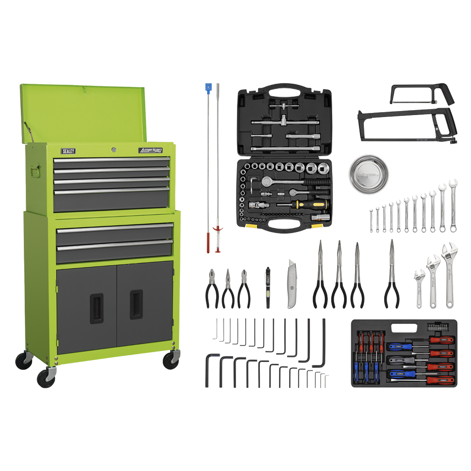 Sealey AP2200COMBOHV 6 Drawer Topchest & Rollcab Combination with Ball-Bearing Slides - Hi-Vis Green/Grey & 128pc Tool Kit