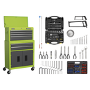 Sealey AP2200COMBOHV 6 Drawer Topchest & Rollcab Combination with Ball-Bearing Slides - Hi-Vis Green/Grey & 128pc Tool Kit