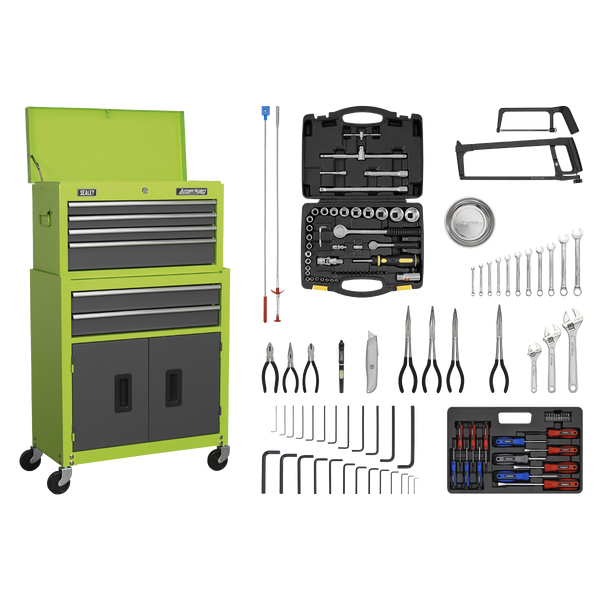 Sealey AP2200COMBOHV 6 Drawer Topchest & Rollcab Combination with Ball-Bearing Slides - Hi-Vis Green/Grey & 128pc Tool Kit