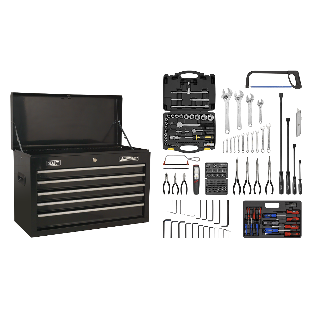 Sealey AP225BCOMBO 5 Drawer Topchest with Ball-Bearing Slides - Black & 230pc Tool Kit
