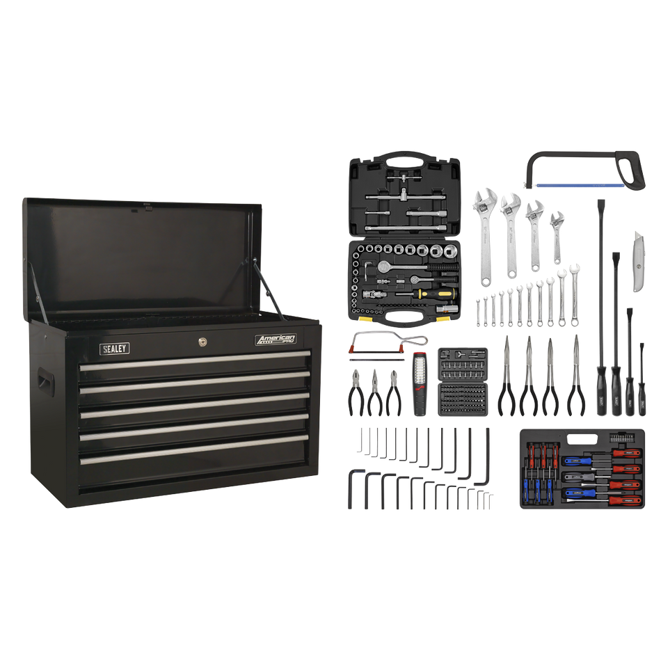 Sealey AP225BCOMBO 5 Drawer Topchest with Ball-Bearing Slides - Black & 230pc Tool Kit