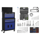 Sealey AP22BCOMBO Topchest & Rollcab Combination 6 Drawer with Ball-Bearing Slides - Blue/Black & 128pc Tool Kit
