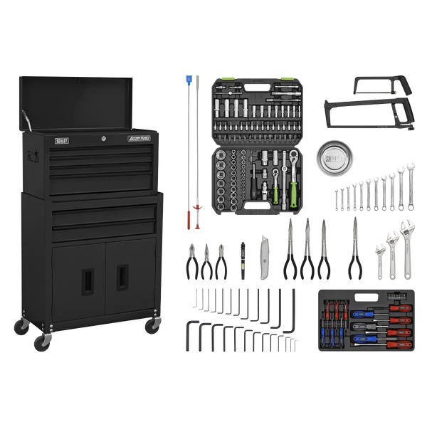 Sealey AP22BKCOMBO Topchest & Rollcab Combination 6 Drawer with Ball-Bearing Slides - Black & 128pc Tool Kit