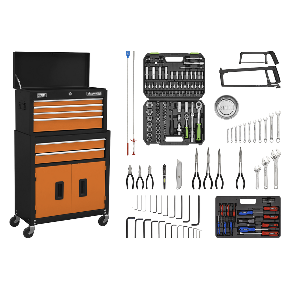 Sealey AP22OCOMBO Topchest & Rollcab Combination 6 Drawer with Ball-Bearing Slides - Orange/Black & 128pc Tool Kit