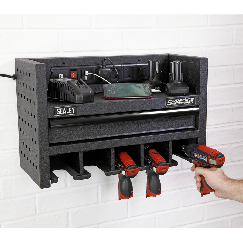 Sealey AP22SRBE 560mm Power Tool Storage Rack with Drawer & Power Strip