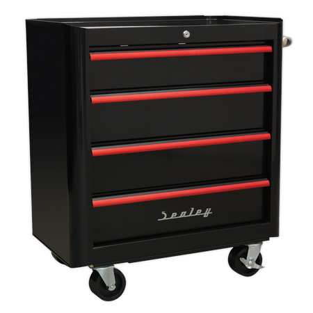 Sealey AP28204BR 4 Drawer Retro Style Rollcab - Black with Red Anodised Drawer Pulls