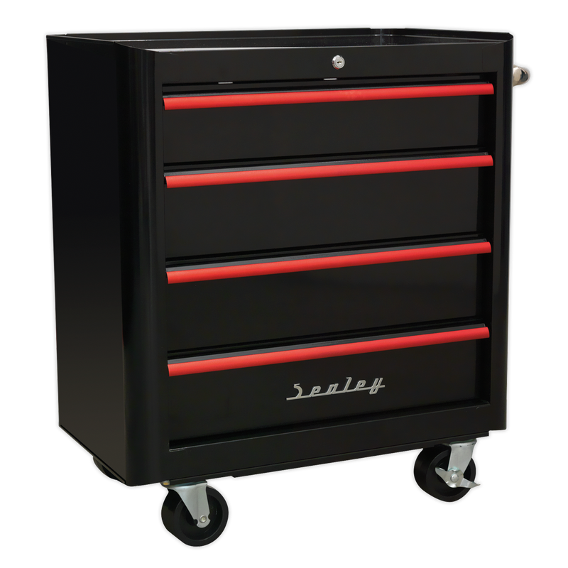 Sealey AP28204BR 4 Drawer Retro Style Rollcab - Black with Red Anodised Drawer Pulls