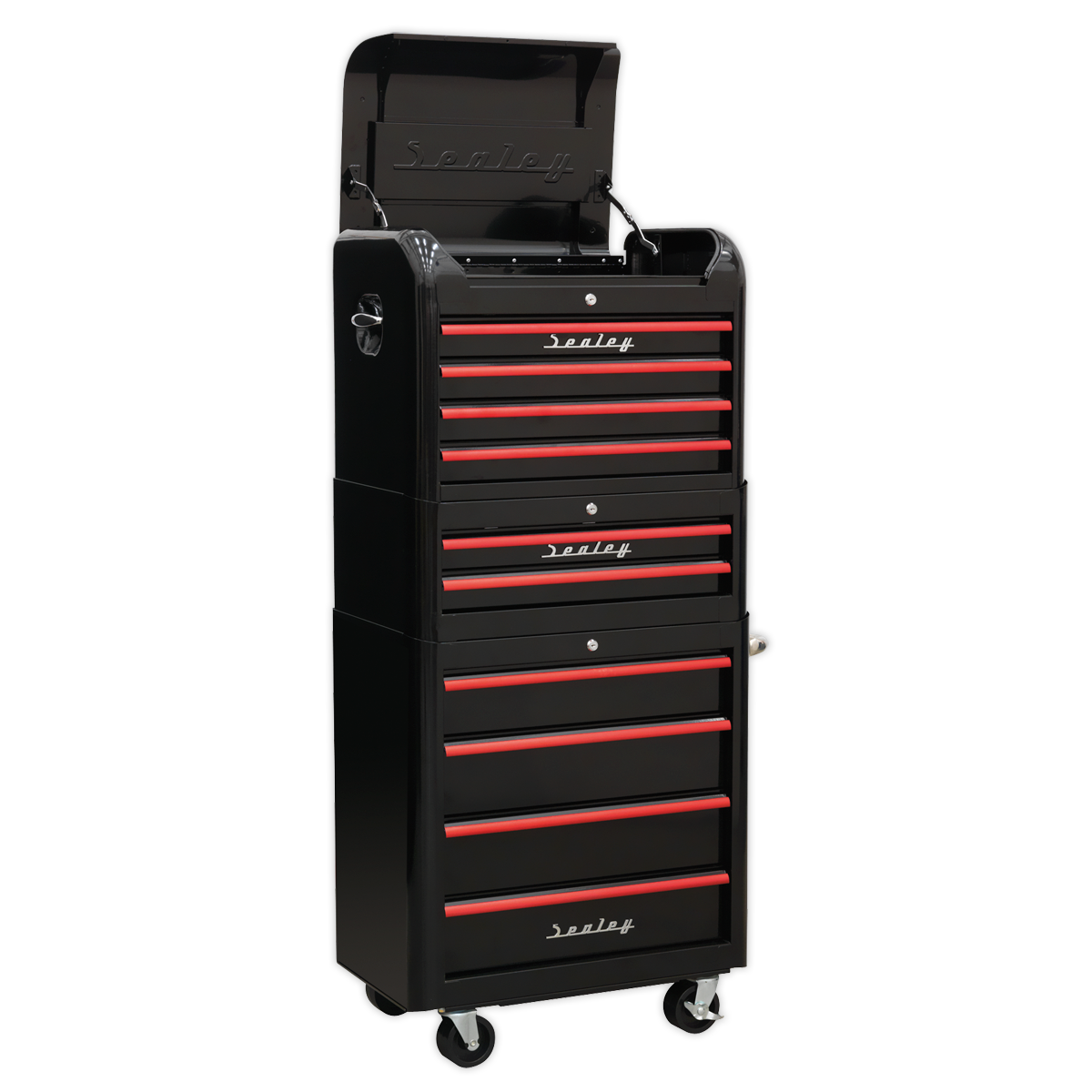 Sealey AP28COMBO2BR 10 Drawer Retro Style Topchest, Mid-Box & Rollcab Combination - Black with Red Anodised Drawer Pulls