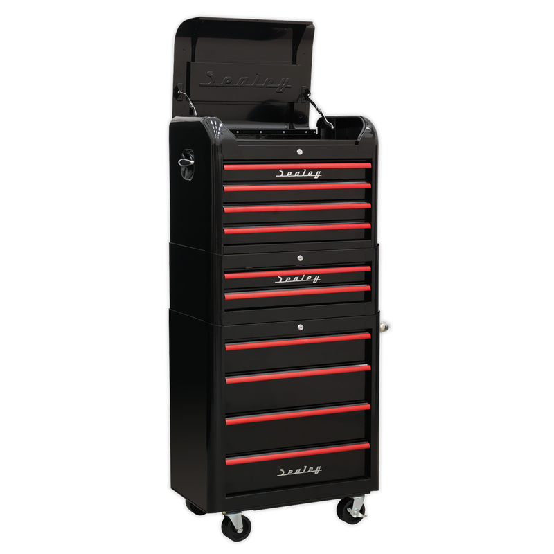 Sealey AP28COMBO2BR 10 Drawer Retro Style Topchest, Mid-Box & Rollcab Combination - Black with Red Anodised Drawer Pulls