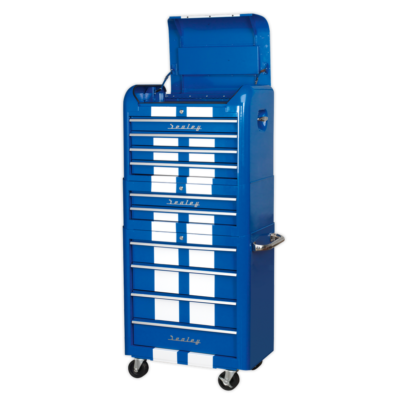 Sealey AP28COMBO2BWS 10 Drawer Retro Style Topchest, Mid-Box & Rollcab Combination Blue/White Stripes