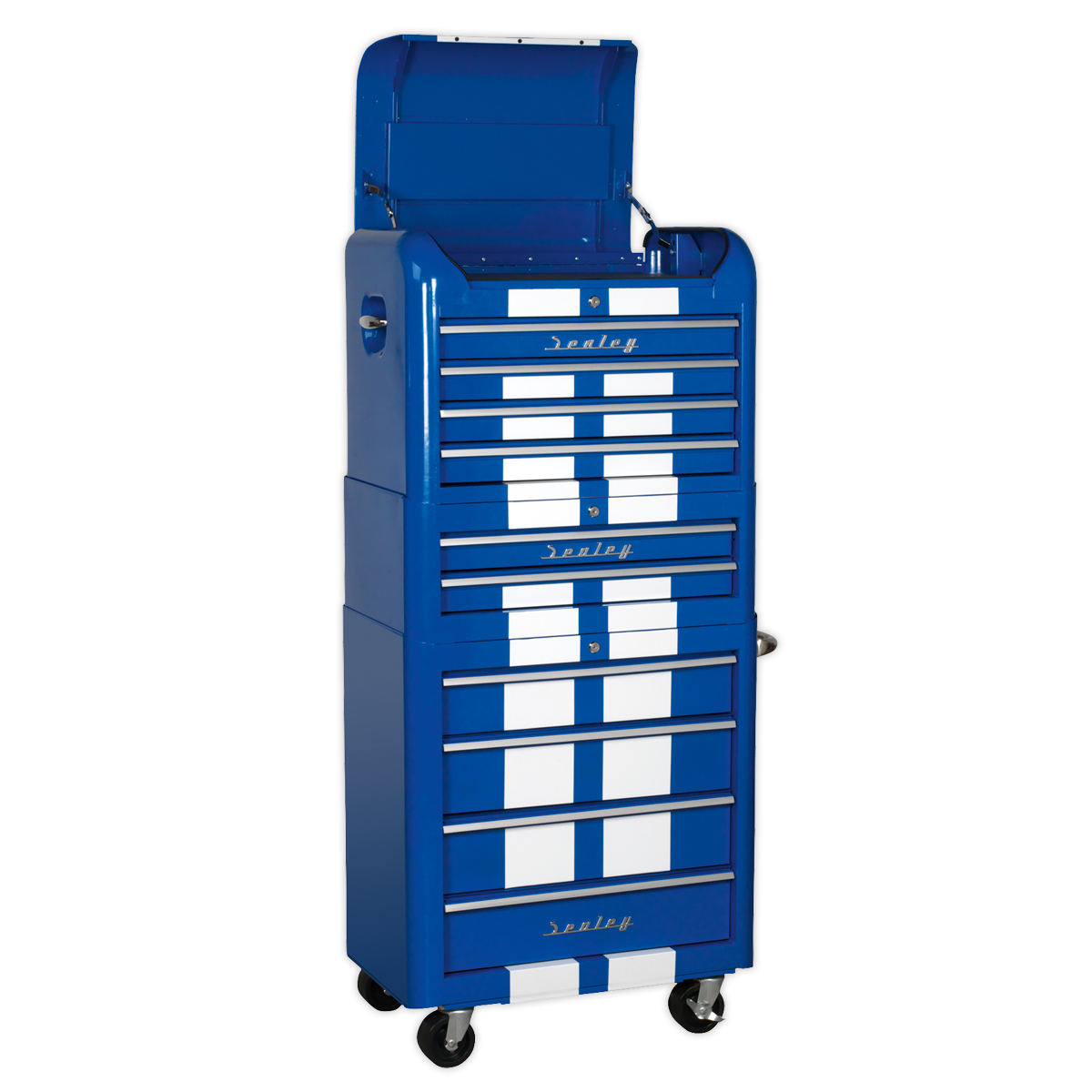 Sealey AP28COMBO2BWS 10 Drawer Retro Style Topchest, Mid-Box & Rollcab Combination Blue/White Stripes