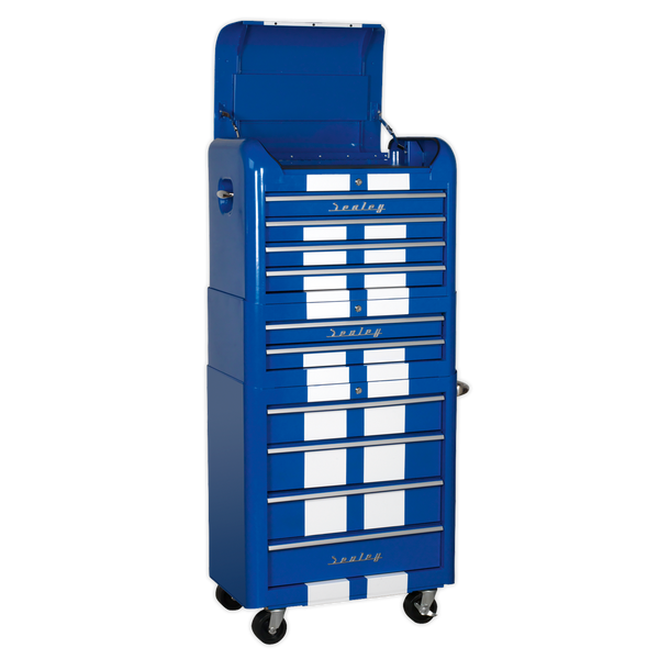 Sealey AP28COMBO2BWS 10 Drawer Retro Style Topchest, Mid-Box & Rollcab Combination Blue/White Stripes