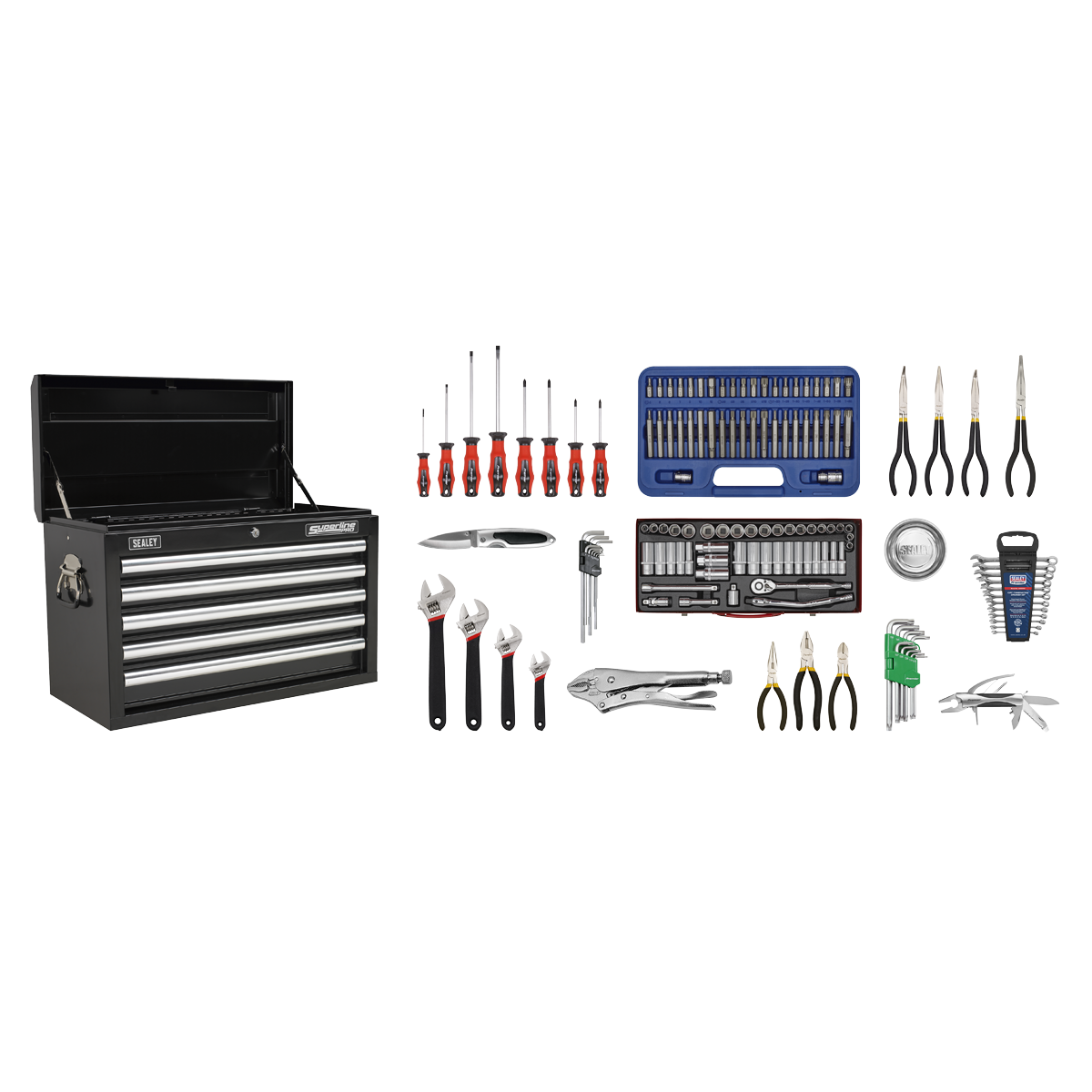 Sealey AP33059BCOMBO 5 Drawer Topchest with Ball-Bearing Slides - Black & 140pc Tool Kit