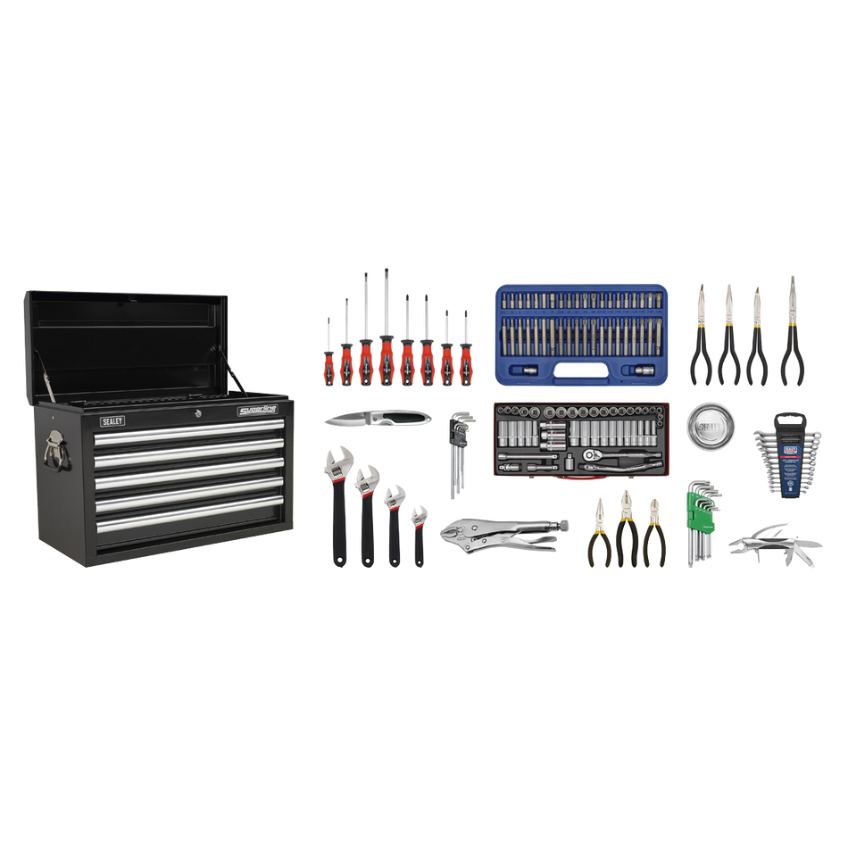Sealey AP33059BCOMBO 5 Drawer Topchest with Ball-Bearing Slides - Black & 140pc Tool Kit