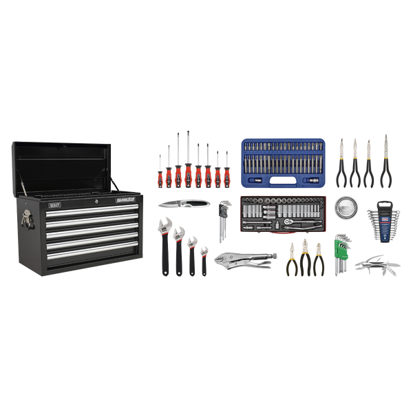 Sealey AP33059BCOMBO 5 Drawer Topchest with Ball-Bearing Slides - Black & 140pc Tool Kit