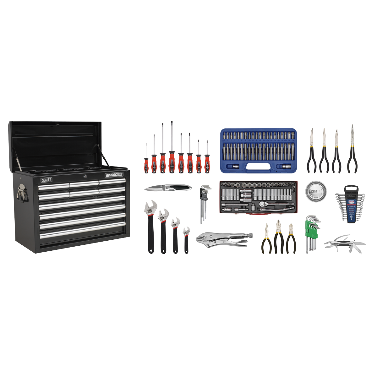 Sealey AP33109BCOMBO 10 Drawer Topchest with Ball-Bearing Slides - Black & 140pc Tool Kit