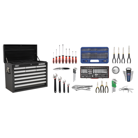 Sealey AP33109BCOMBO 10 Drawer Topchest with Ball-Bearing Slides - Black & 140pc Tool Kit
