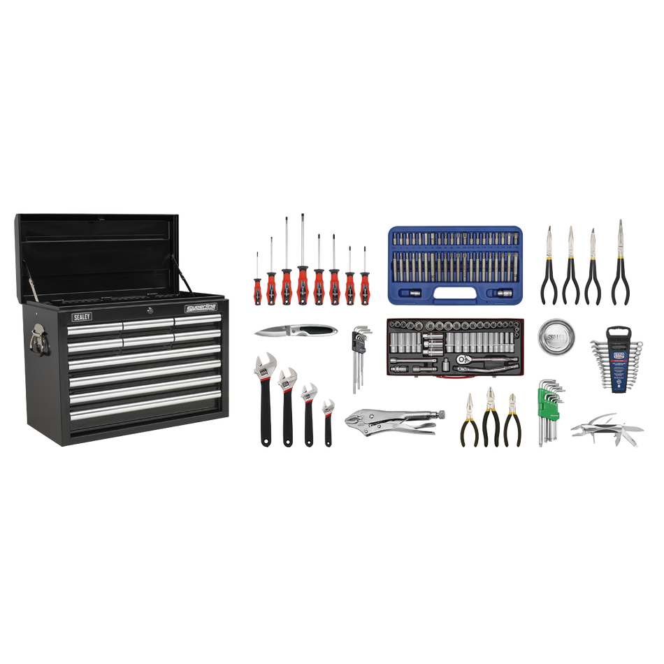 Sealey AP33109BCOMBO 10 Drawer Topchest with Ball-Bearing Slides - Black & 140pc Tool Kit