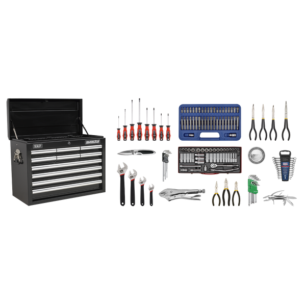 Sealey AP33109BCOMBO 10 Drawer Topchest with Ball-Bearing Slides - Black & 140pc Tool Kit