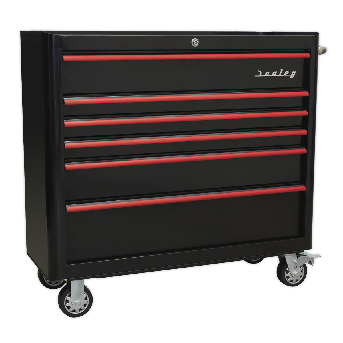 Sealey AP41206BR 6 Drawer Wide Retro Style Rollcab - Black with Red Anodised Drawer Pulls