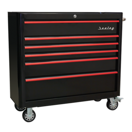 Sealey AP41206BR 6 Drawer Wide Retro Style Rollcab - Black with Red Anodised Drawer Pulls