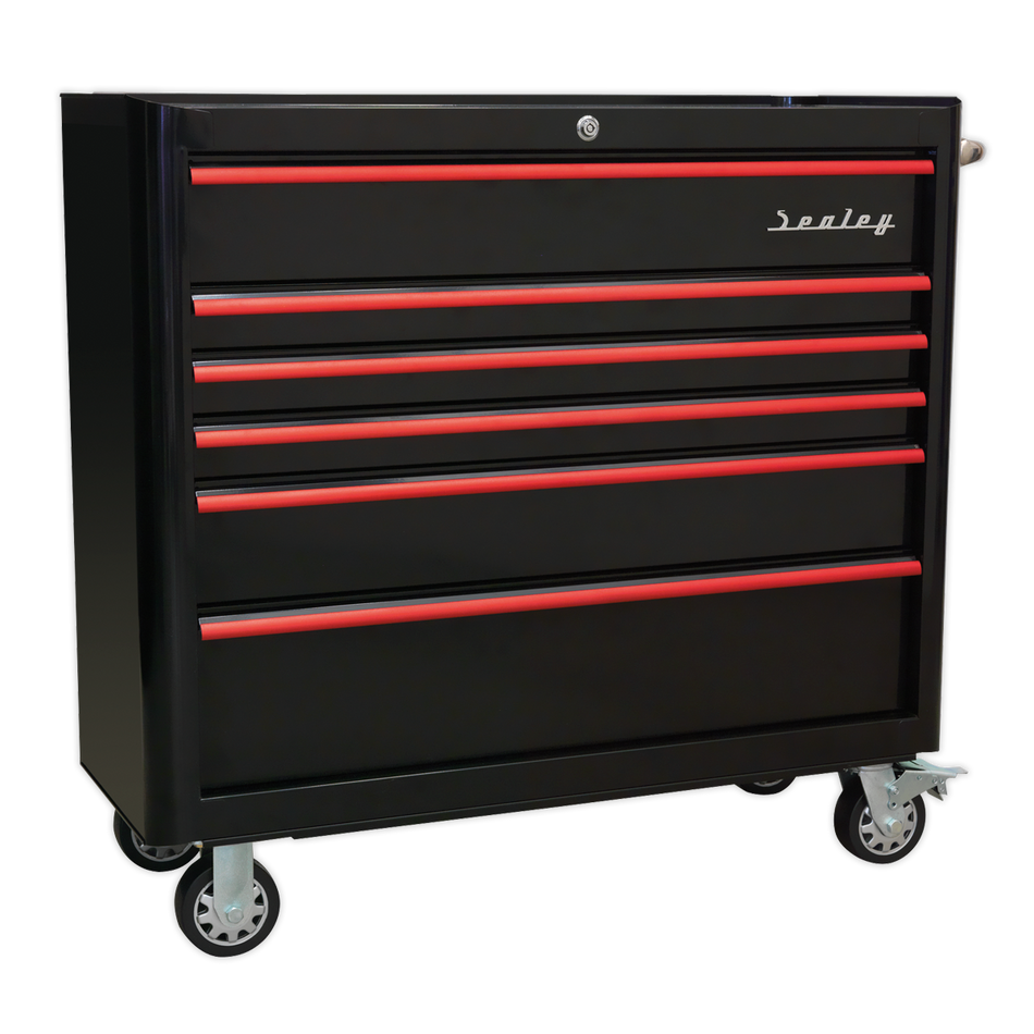 Sealey AP41206BR 6 Drawer Wide Retro Style Rollcab - Black with Red Anodised Drawer Pulls