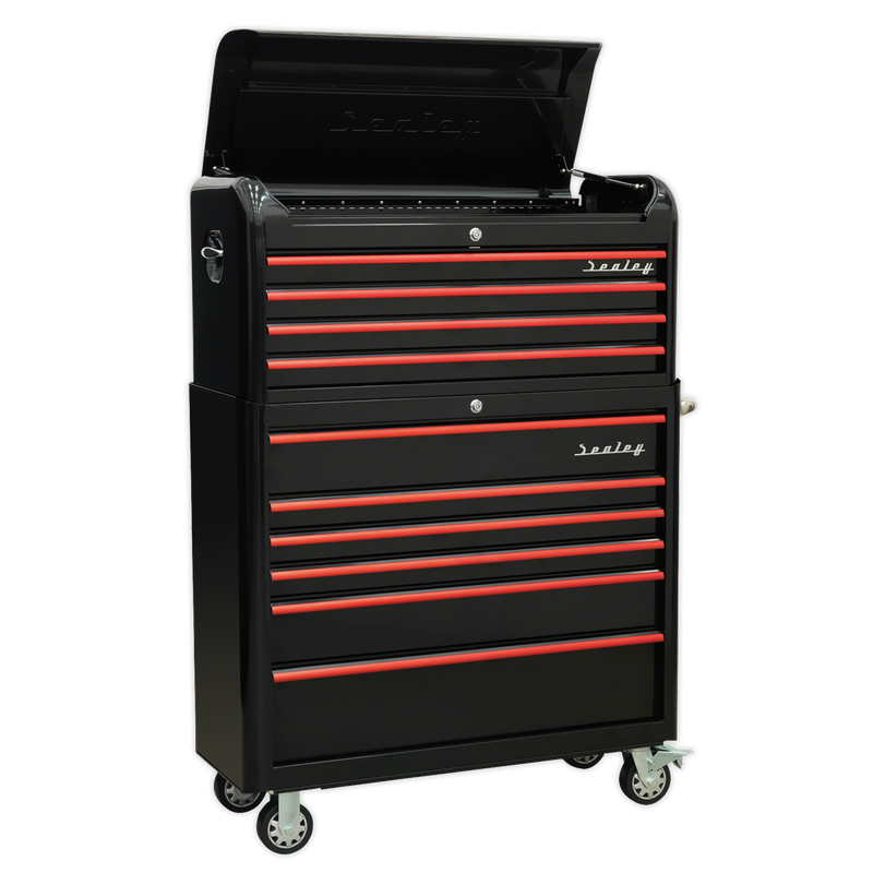 Sealey AP41COMBOBR 10 Drawer Retro Style Extra-Wide Topchest & Rollcab Combination-Black with Red Anodised Drawer Pull