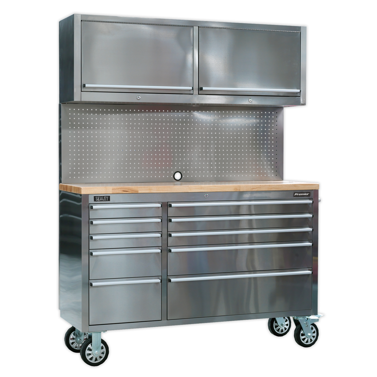 Sealey AP5520SS 10 Drawer & 2 Wall Cupboard Stainless Steel Mobile Tool Cabinet with Backboard