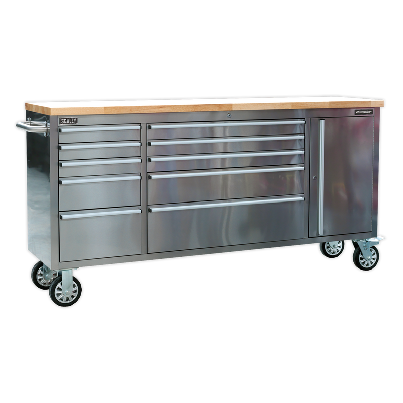 Sealey AP7210SS 10 Drawer & Cupboard Stainless Steel Mobile Tool Cabinet