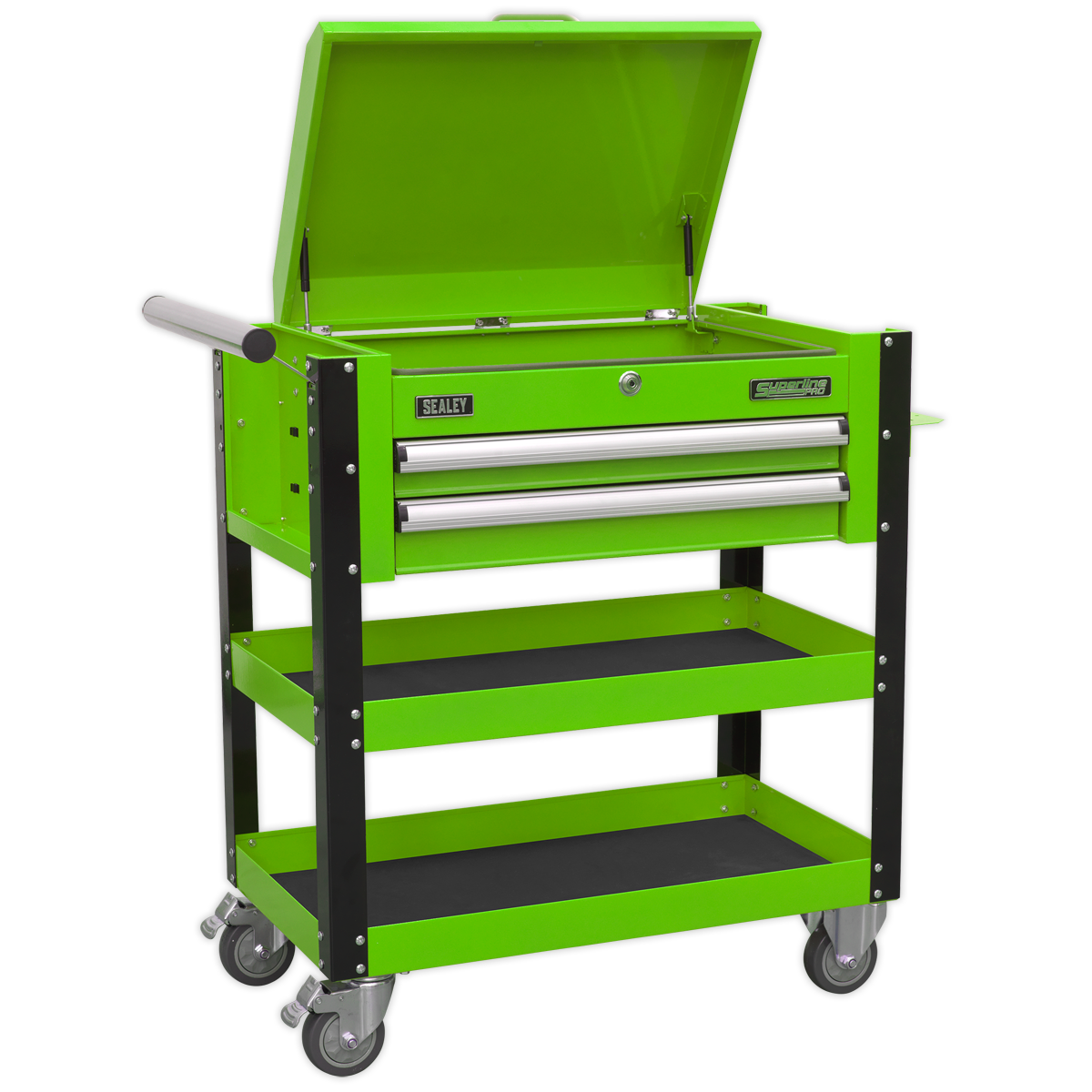 Sealey AP760MHV 2 Drawer Heavy-Duty Mobile Tool & Parts Trolley with Lockable Top - Hi-Vis Green