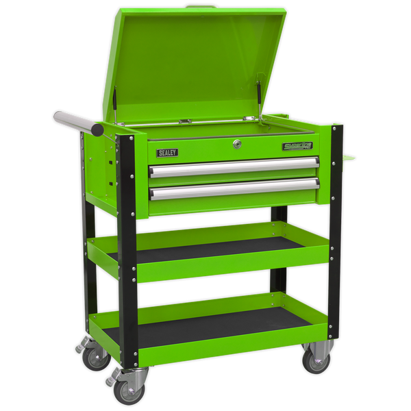 Sealey AP760MHV 2 Drawer Heavy-Duty Mobile Tool & Parts Trolley with Lockable Top - Hi-Vis Green