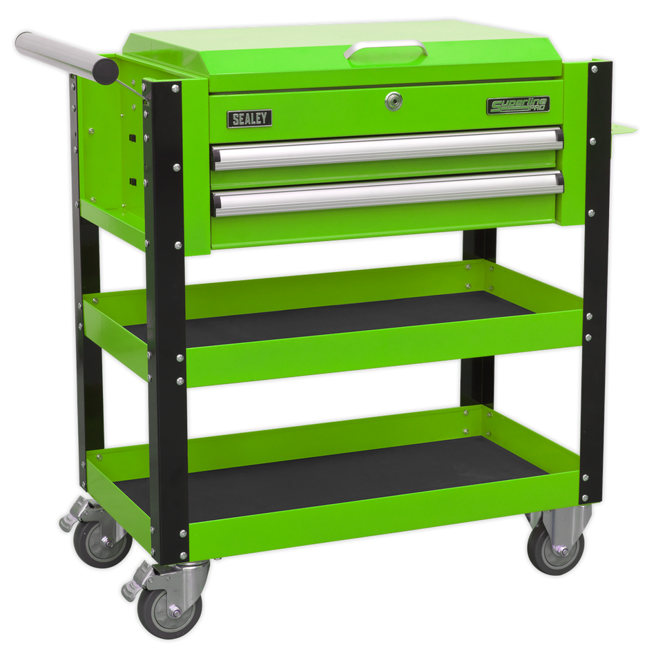 Sealey AP760MHV 2 Drawer Heavy-Duty Mobile Tool & Parts Trolley with Lockable Top - Hi-Vis Green