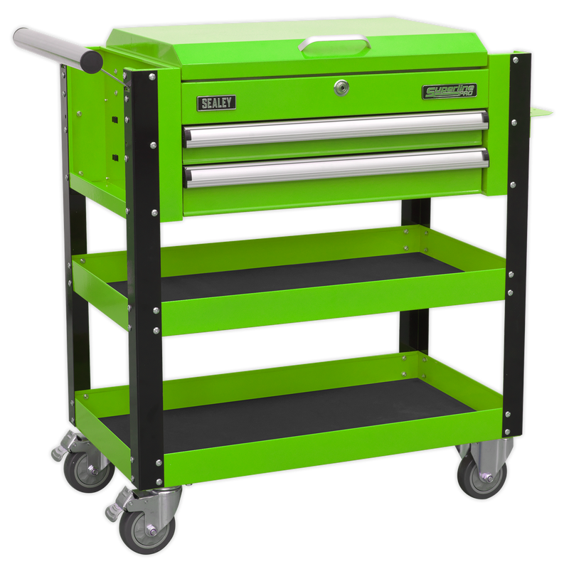 Sealey AP760MHV 2 Drawer Heavy-Duty Mobile Tool & Parts Trolley with Lockable Top - Hi-Vis Green