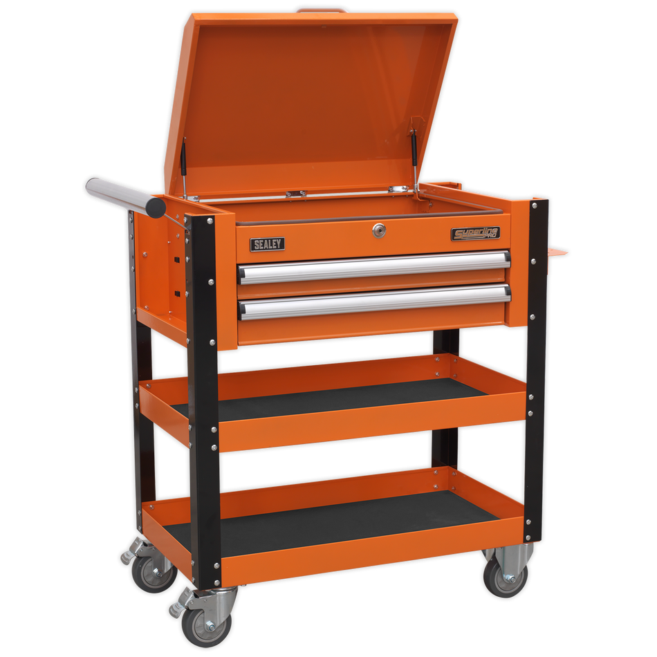 Sealey AP760MO 2 Drawer Heavy-Duty Mobile Tool & Parts Trolley with Lockable Top - Orange