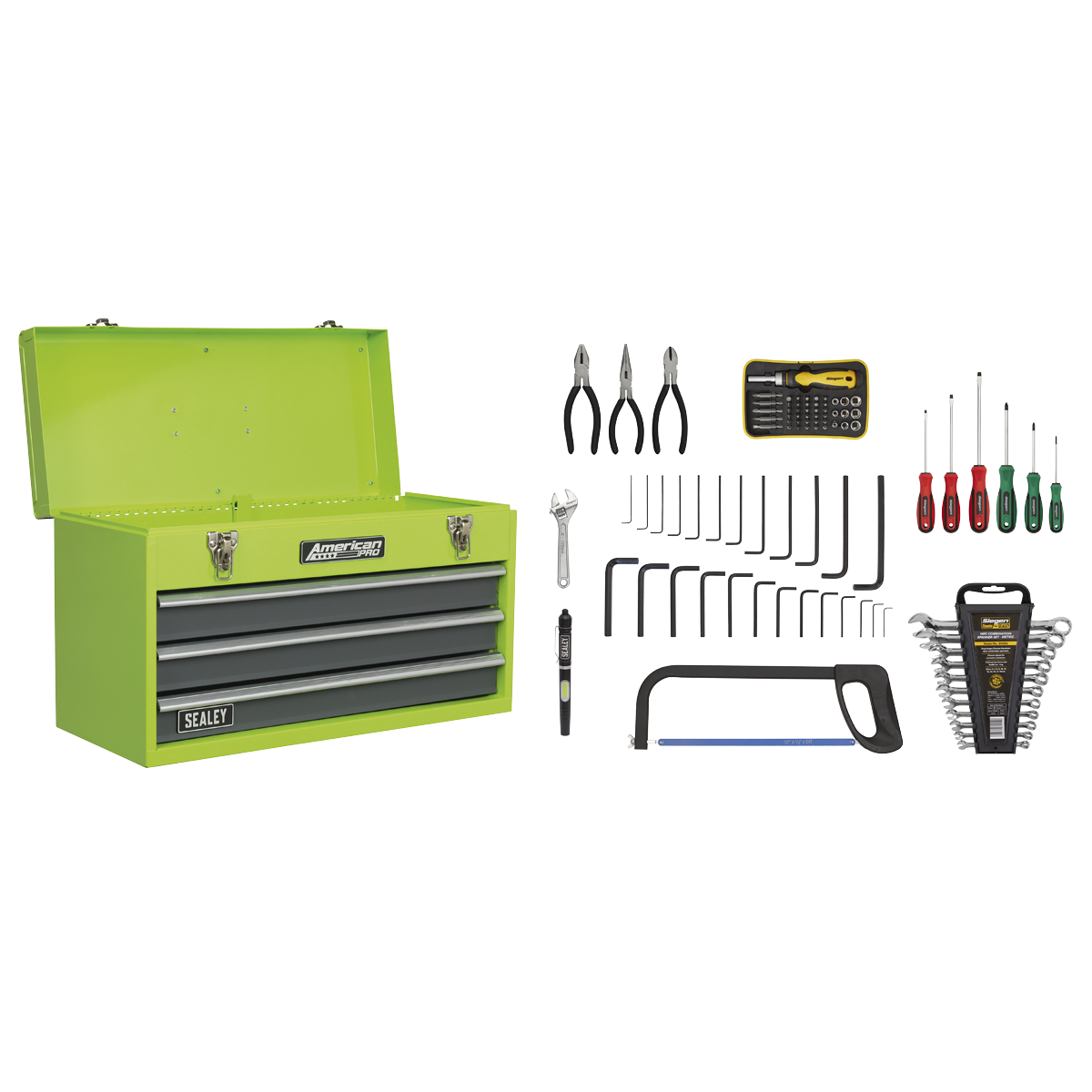 Sealey AP9243BBHVCOM 3 Drawer Portable Tool Chest with Ball-Bearing Slides - Hi-Vis & 93pc Tool Kit