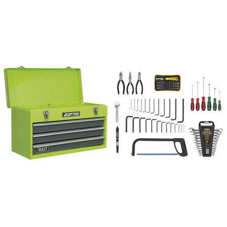Sealey AP9243BBHVCOM 3 Drawer Portable Tool Chest with Ball-Bearing Slides - Hi-Vis & 93pc Tool Kit